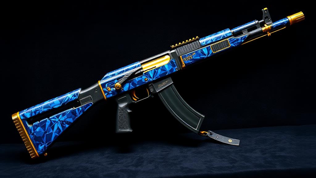 Stylized AK-47 with vivid blue crystal gem pattern and gold accents