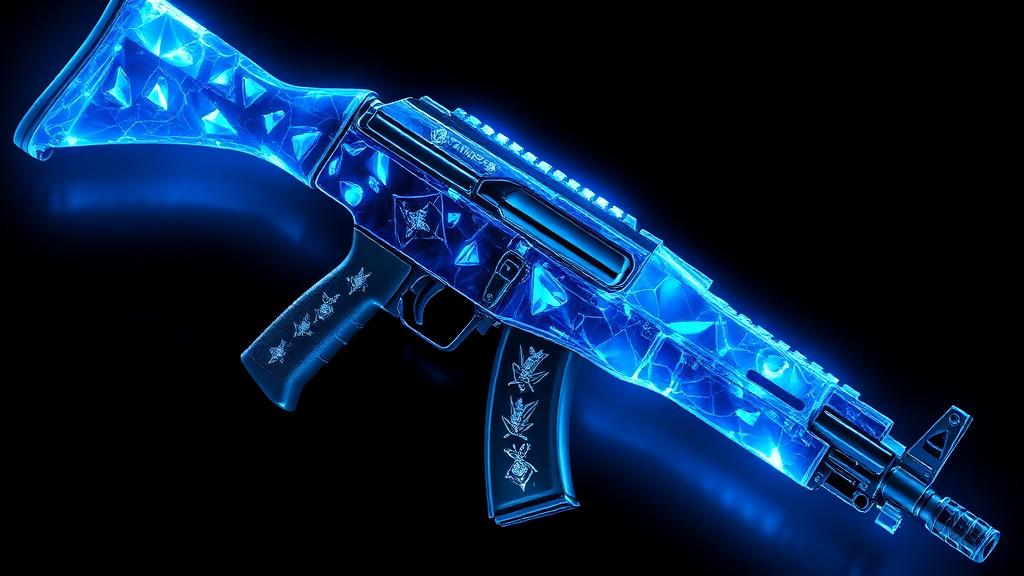 Stylized AK-47 with blue crystal pattern and glowing holographic sticker emblems