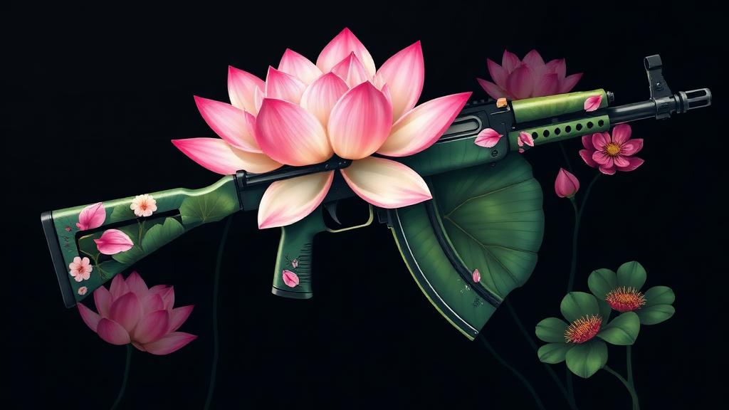 Stylized AK-47 with beautiful lotus flower pattern in pink, white and green