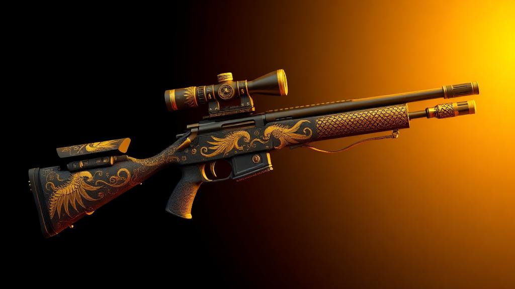 Stylized sniper rifle with golden dragon artwork and ornate medieval design