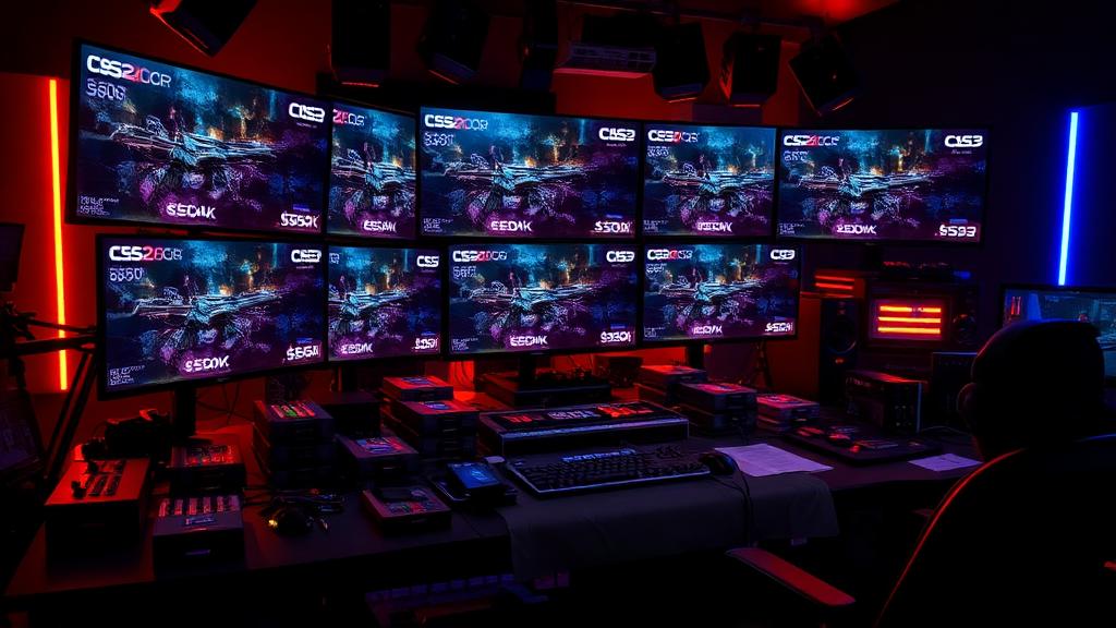 Epic multi-monitor streaming setup showing CS2 case opening animations with hundreds of cases