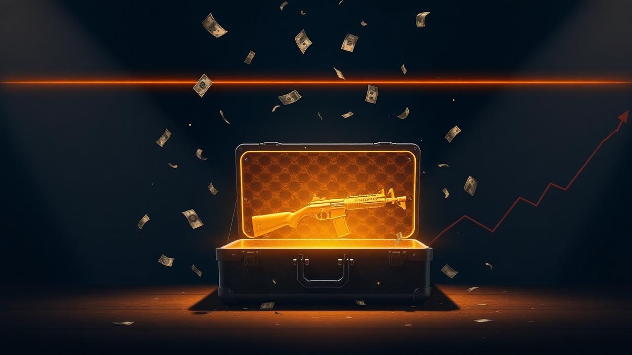 Editorial illustration of a glowing golden CS2 weapon case opening with falling banknotes and an upward financial chart in the background