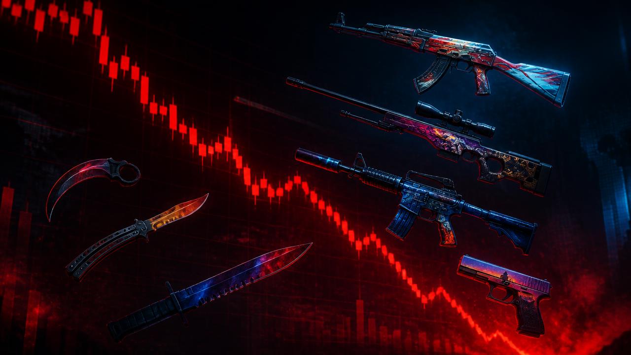 Falling price chart behind floating CS2 weapon skins and knives, representing the softening skin market in 2026