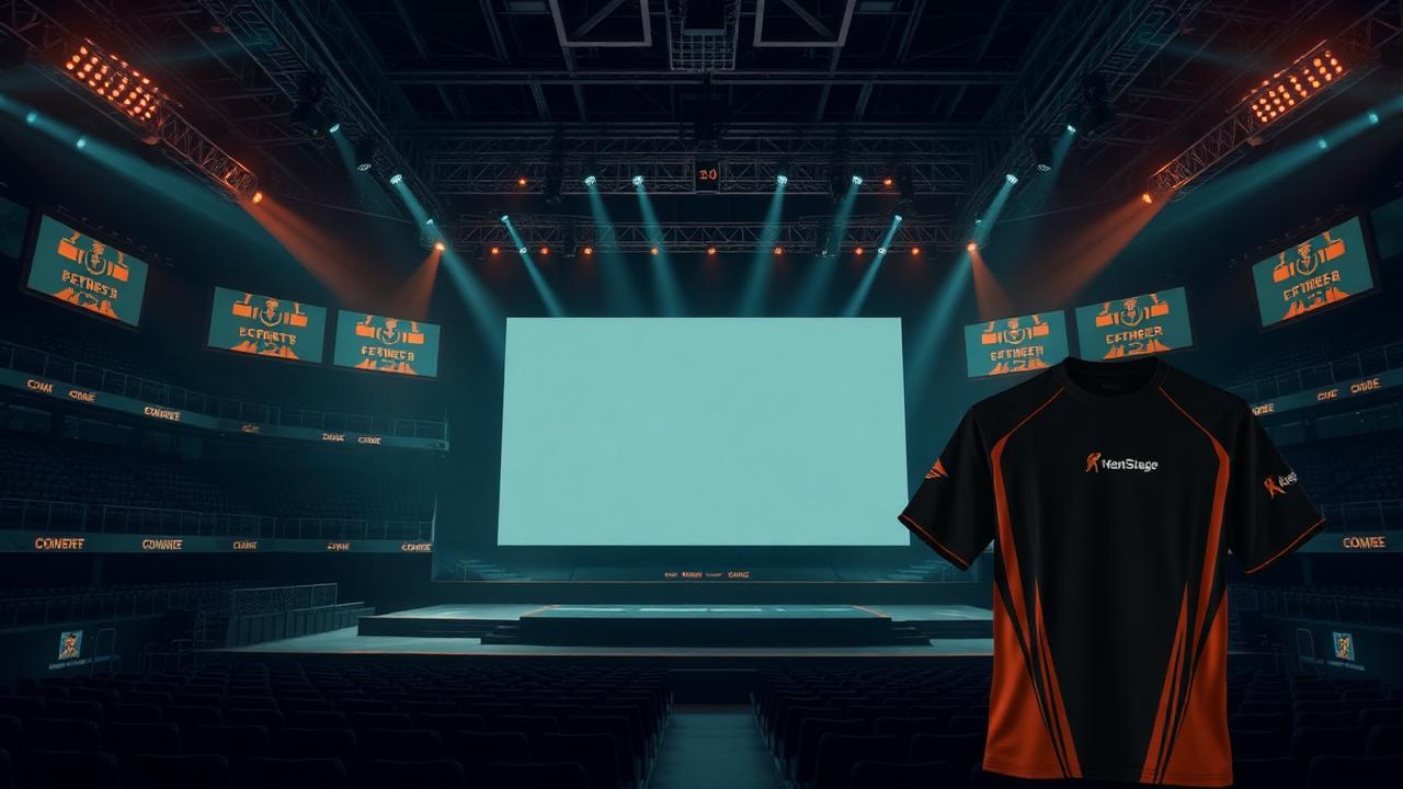 Empty CS2 tournament arena with blank LED sponsor boards and an unbranded team jersey, illustrating the skin gambling sponsorship ban
