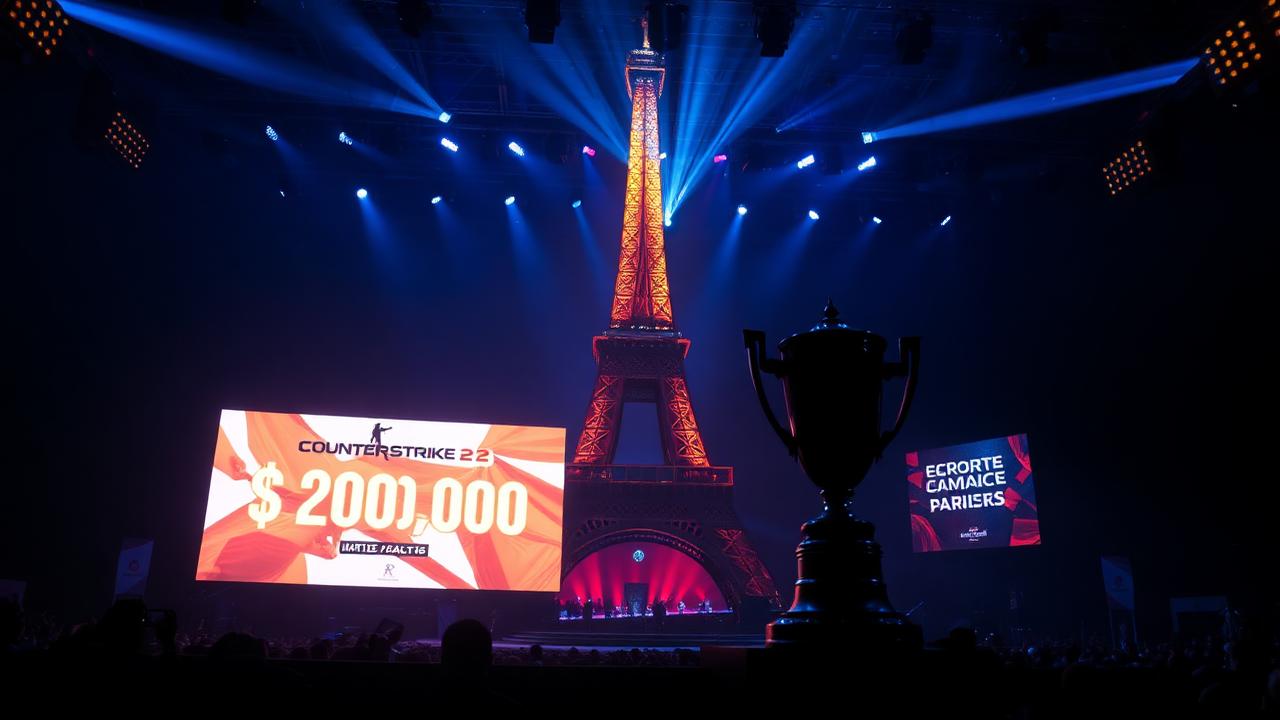 Editorial illustration of a Counter-Strike 2 esports stage in Paris with the Eiffel Tower silhouette, a tournament trophy and a $2,000,000 prize banner under blue and orange stage lighting
