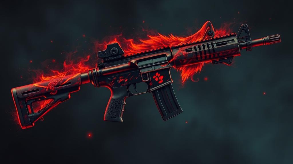 Stylized M4 rifle with fierce red and orange wolf artwork and fiery effects