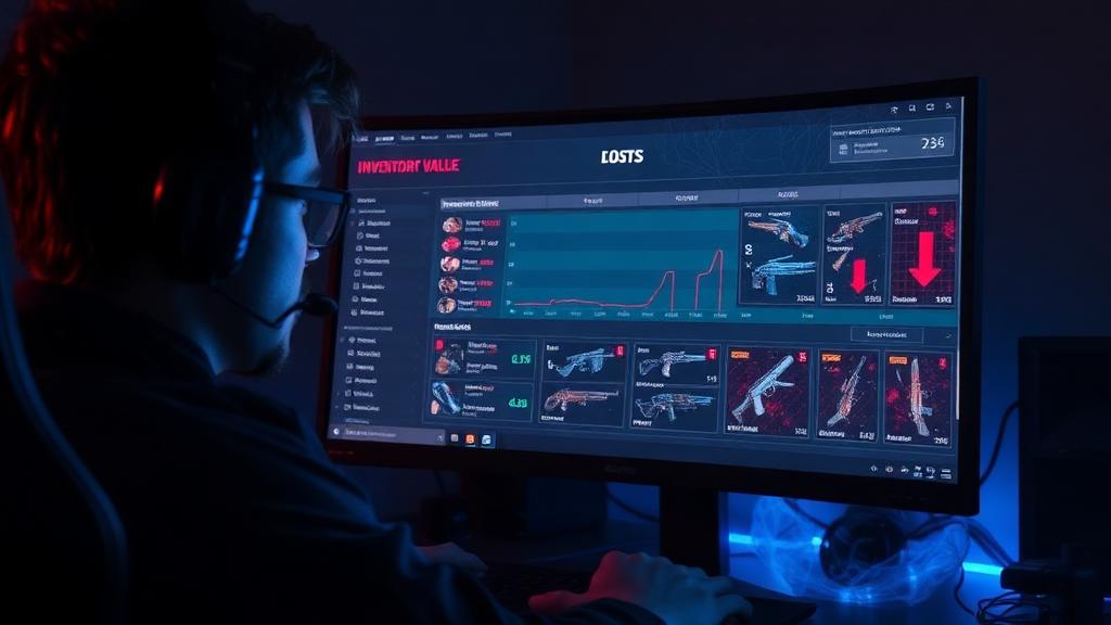 Esports pro gamer watching inventory value crash on a monitor with red downward arrows