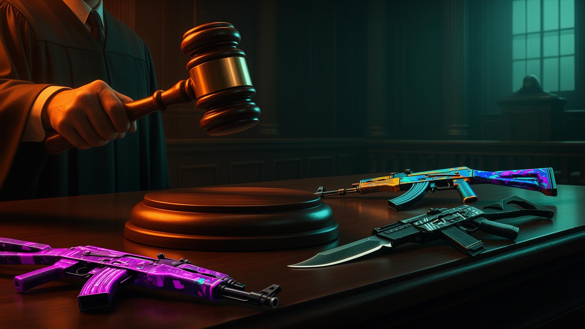 Judge's gavel alongside CS2 weapon skins in a courtroom setting