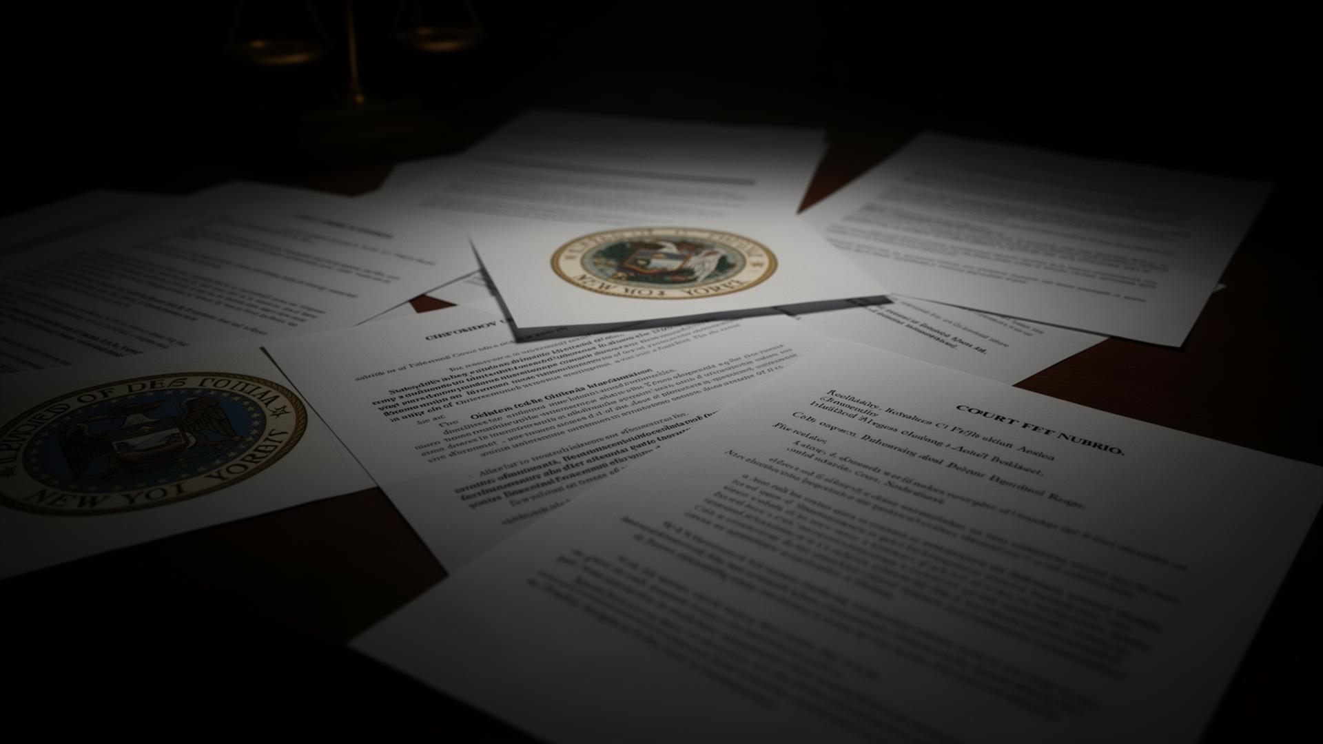 New York state legal documents and court papers with official seals