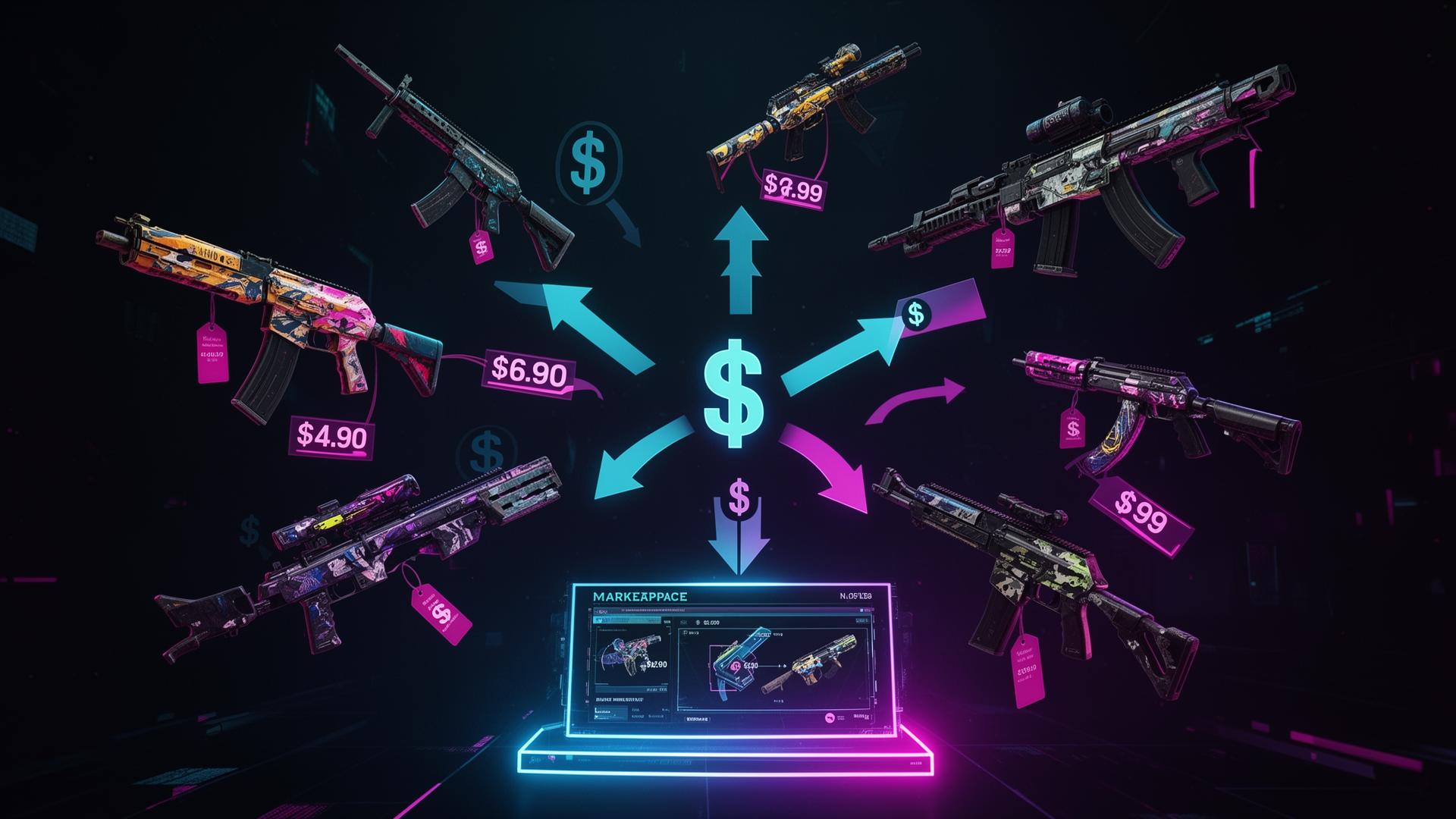 Visualization of the CS2 skin marketplace economy with weapons and price tags