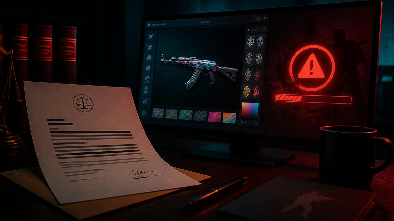 Legal cease-and-desist document beside a CS2 weapon skin interface, representing Valve's action against a third-party platform