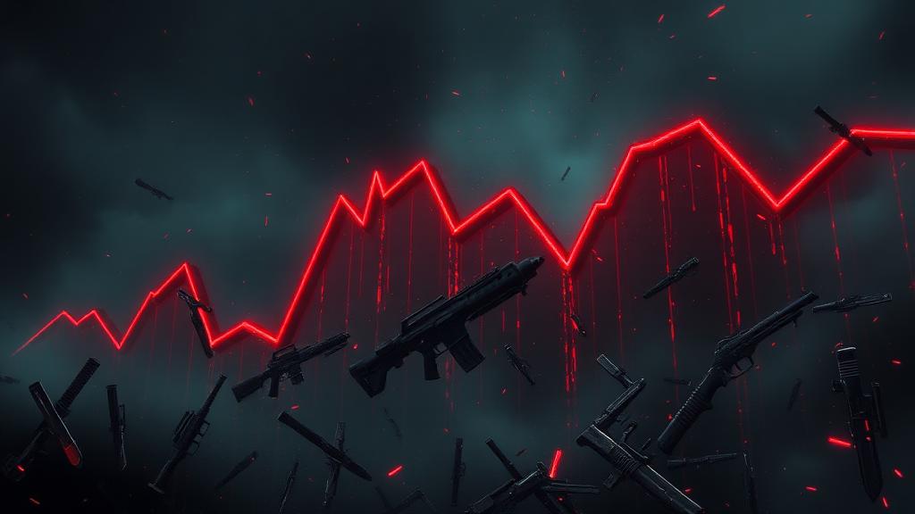 Dramatic visualization of a massive market crash with a red graph plummeting and CS2 weapons falling